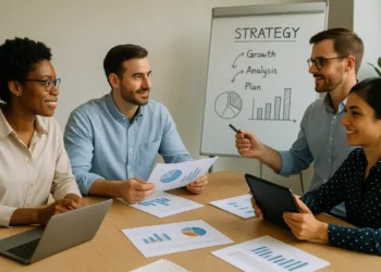 Diverse team engaging in strategic planning for future of work