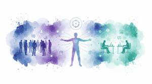 Diverse team participating in a hybrid leadership training session in an office.