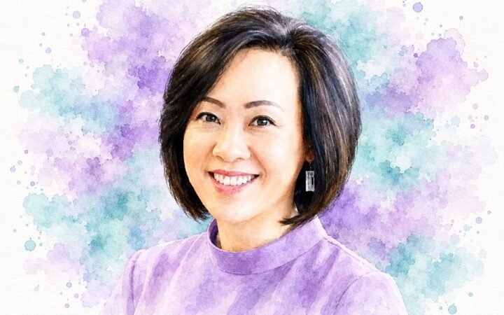 AI-generated watercolour portrait of Ming Choo Ling, Marriott International’s CHRO for Asia Pacific excluding China, in light purple and teal.