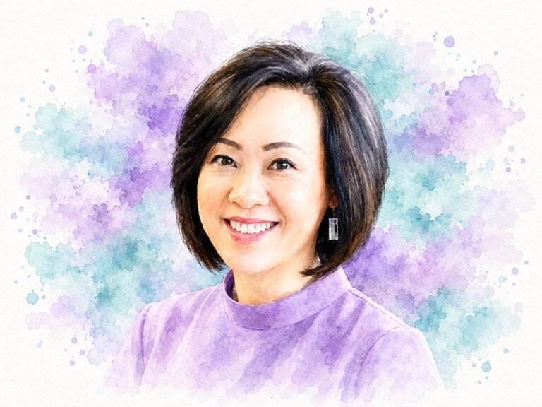 AI-generated watercolour portrait of Ming Choo Ling, Marriott International’s CHRO for Asia Pacific excluding China, in light purple and teal.