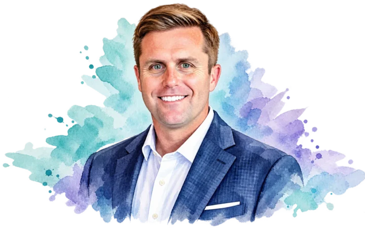Watercolour portrait of Adam Patenaude, president and CEO of Dreamscape Hospitality