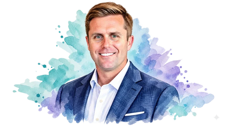 Watercolour portrait of Adam Patenaude, president and CEO of Dreamscape Hospitality