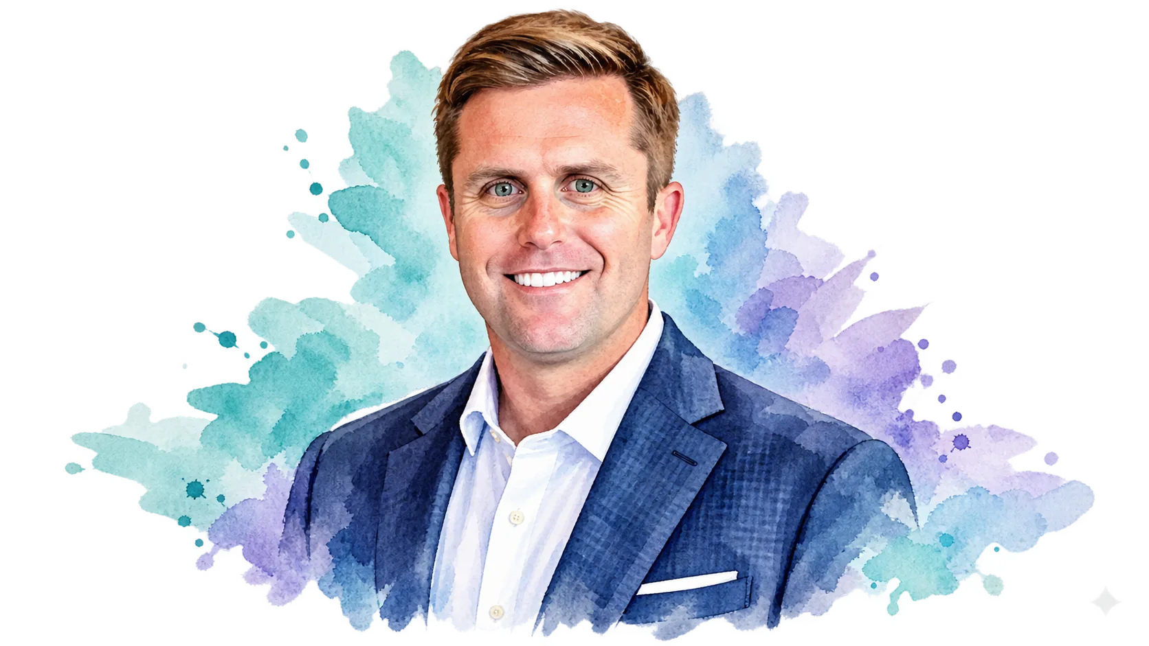 Watercolour portrait of Adam Patenaude, president and CEO of Dreamscape Hospitality