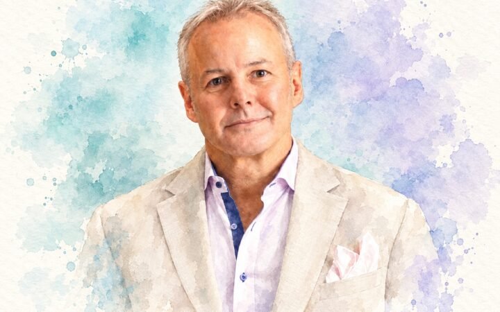 Anders Dimblad in a teal and lavender watercolour portrait