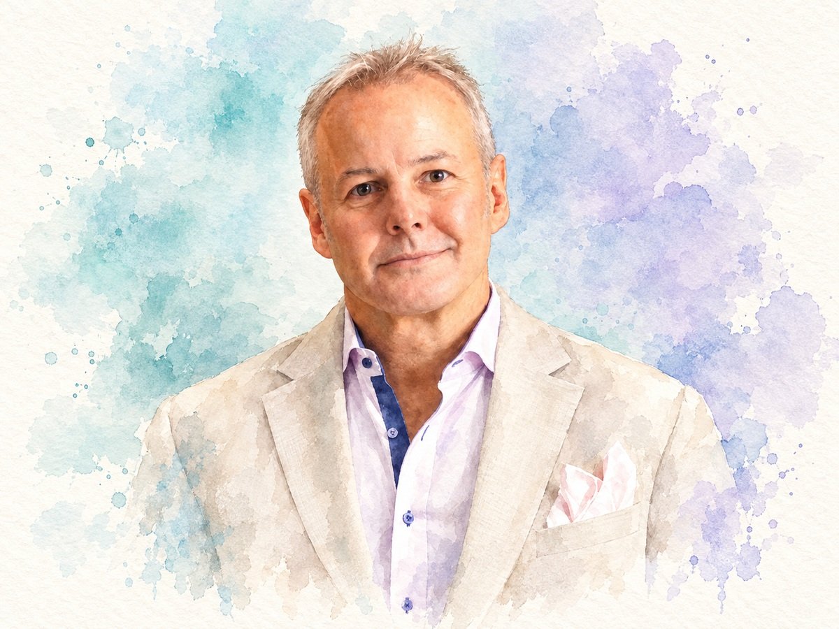 Anders Dimblad in a teal and lavender watercolour portrait