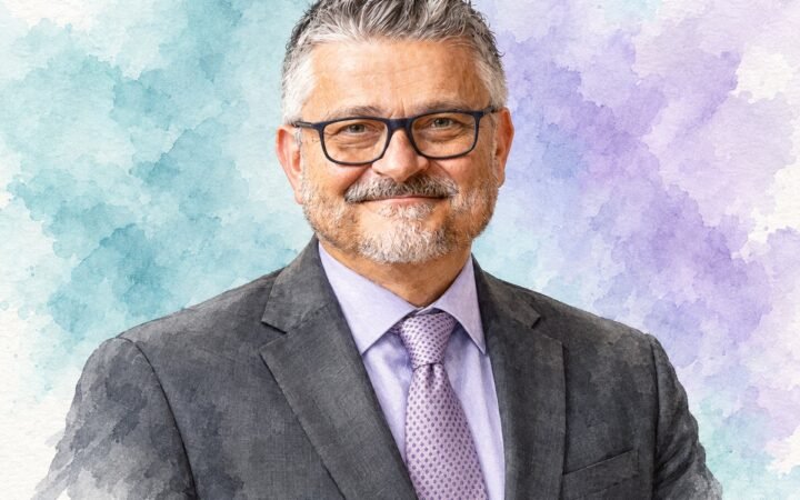 AI-generated watercolour portrait of Angelo Zuccala, general manager of InterContinental Athénée Palace Bucharest