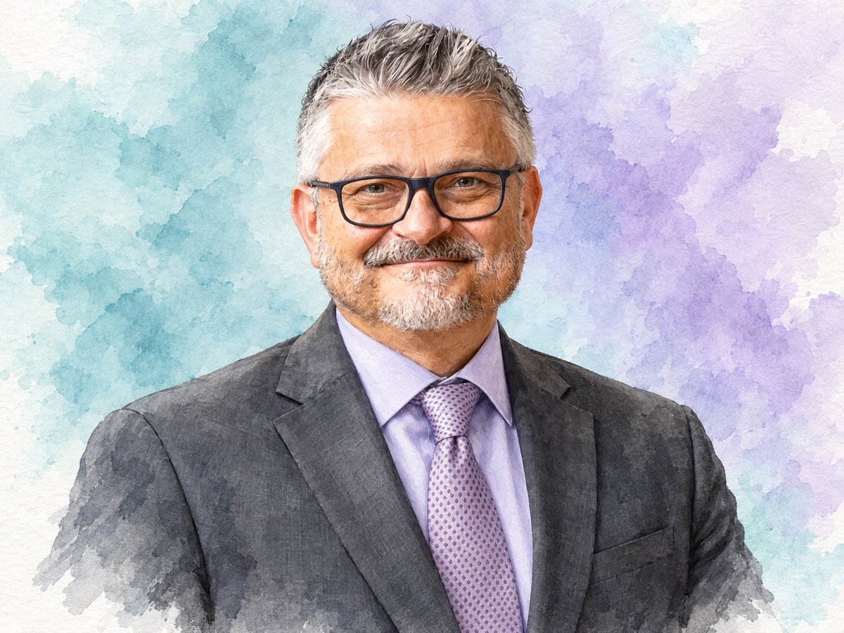 AI-generated watercolour portrait of Angelo Zuccala, general manager of InterContinental Athénée Palace Bucharest