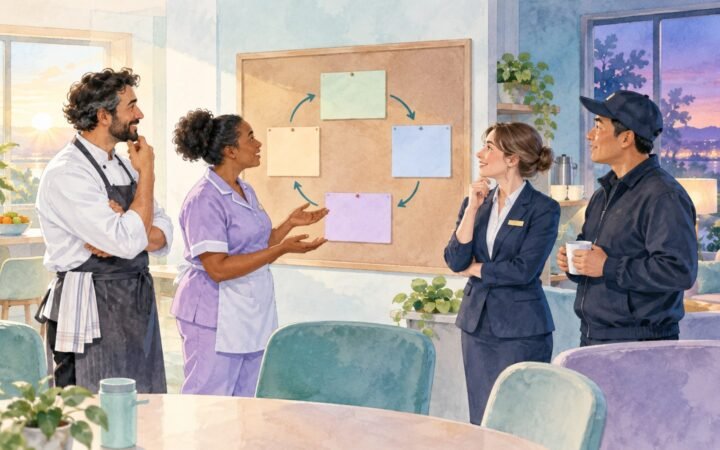 Hotel colleagues from different shifts reviewing a shared staff feedback board.