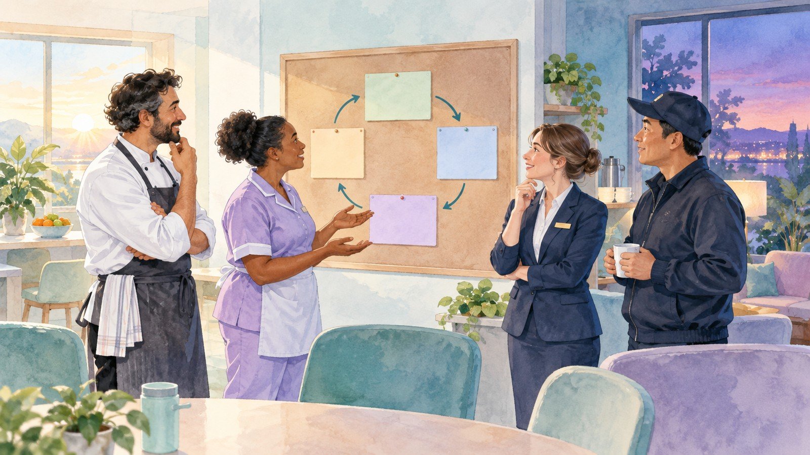 Hotel colleagues from different shifts reviewing a shared staff feedback board.