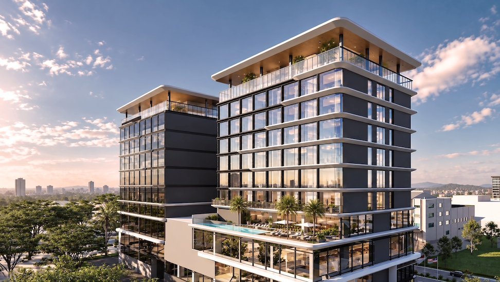 Artist’s rendering of Courtyard by Marriott Dili with a landscaped podium and glass-fronted upper floors.
