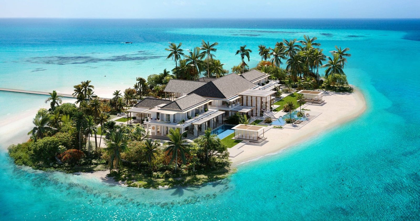Official rendering of an island residence at Baccarat Maldives, surrounded by palm trees and turquoise water.