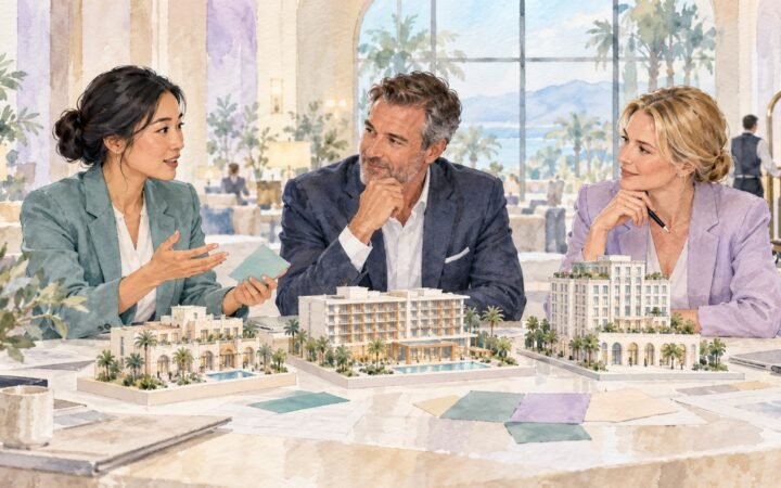 Hotel leaders discussing succession across three properties represented by small building models.
