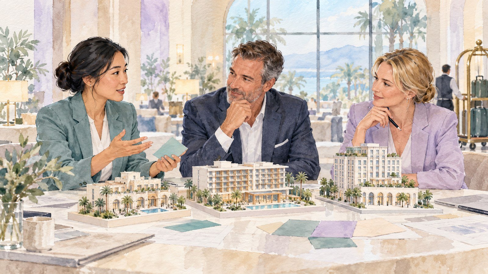 Hotel leaders discussing succession across three properties represented by small building models.