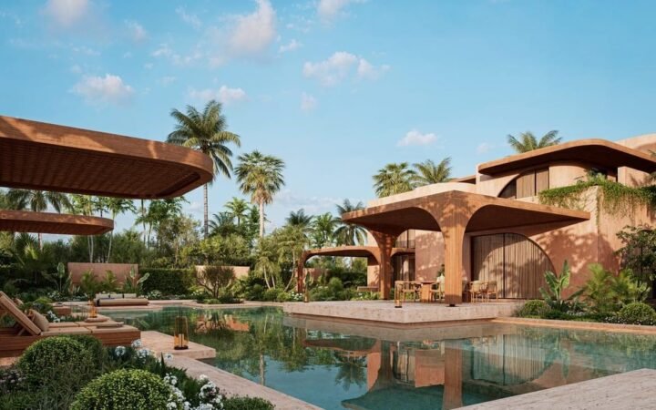 Delano Marrakech illustrative rendering of planned residences and swimming pool