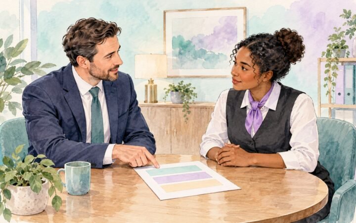Hotel manager and colleague discussing a pay-band document in a private meeting.