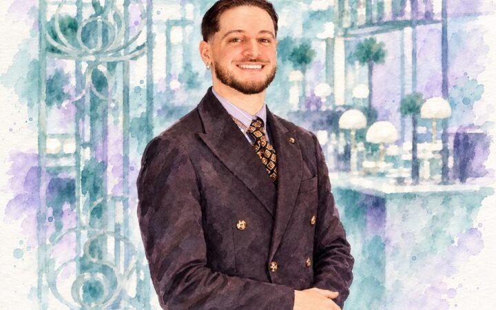 Federico Daniele, MÚZSA bar manager at Four Seasons Budapest, in an AI-generated watercolour portrait