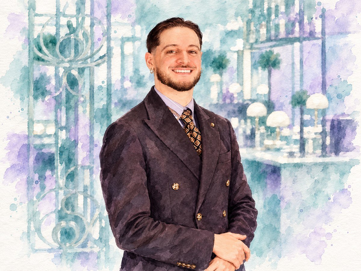 Federico Daniele, MÚZSA bar manager at Four Seasons Budapest, in an AI-generated watercolour portrait