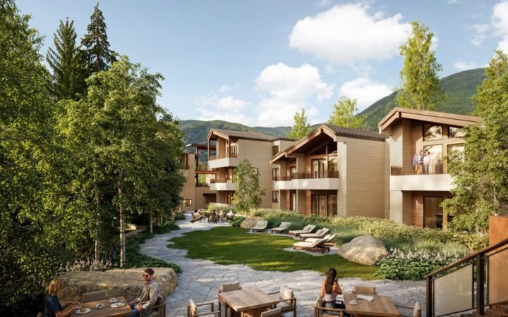 Artist’s rendering of The Gant Aspen’s proposed garden, lounge chairs and renewed resort exteriors.