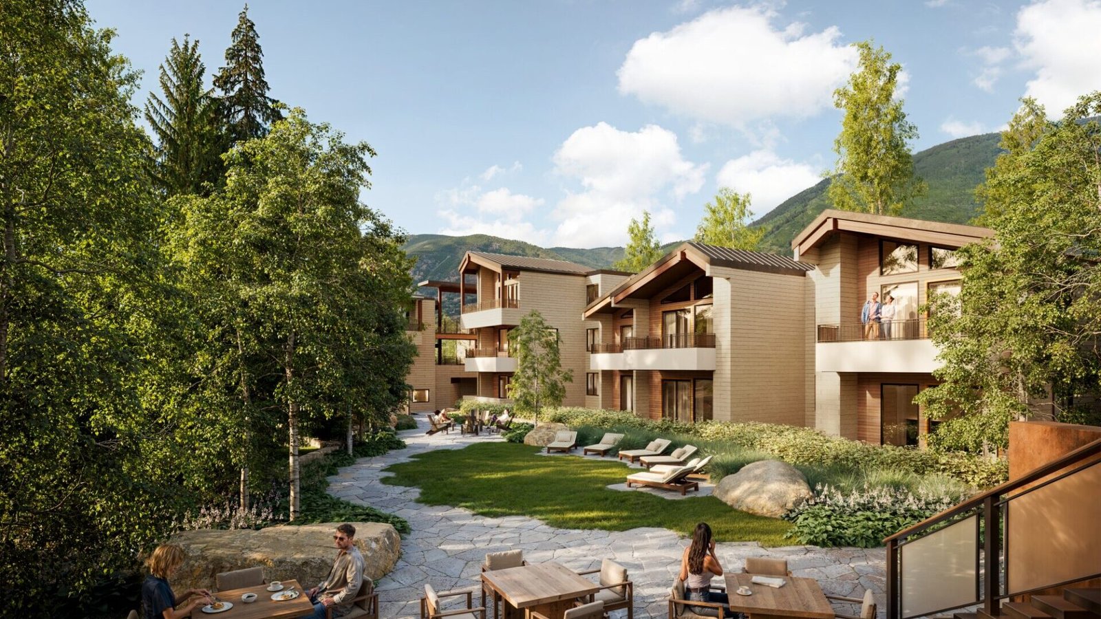 Artist’s rendering of The Gant Aspen’s proposed garden, lounge chairs and renewed resort exteriors.