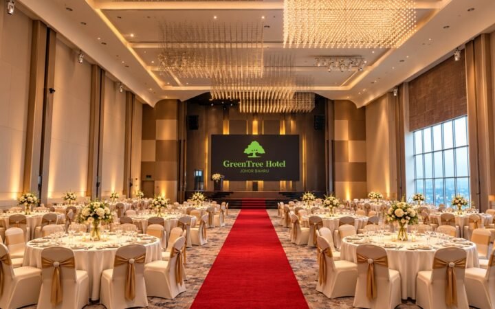 Banquet tables and a red-carpet aisle in the Canopy Grand Ballroom at GreenTree Hotel Johor Bahru.