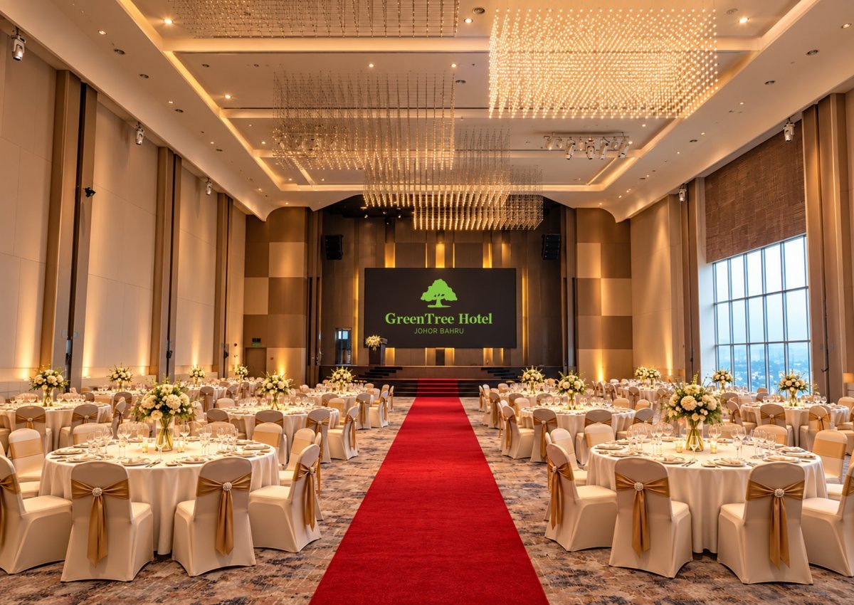 Banquet tables and a red-carpet aisle in the Canopy Grand Ballroom at GreenTree Hotel Johor Bahru.