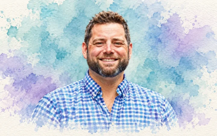 Watercolour illustration of Guy Freedman, group hotel operations director at THE PIG