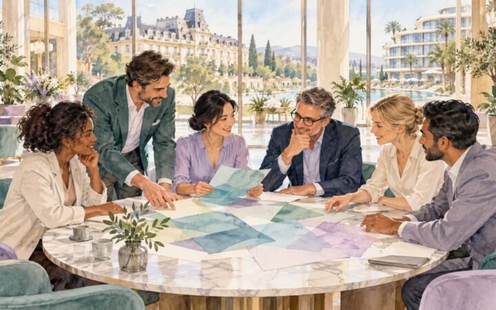 Two hotel teams meeting around a table to discuss shared ways of working after an acquisition.