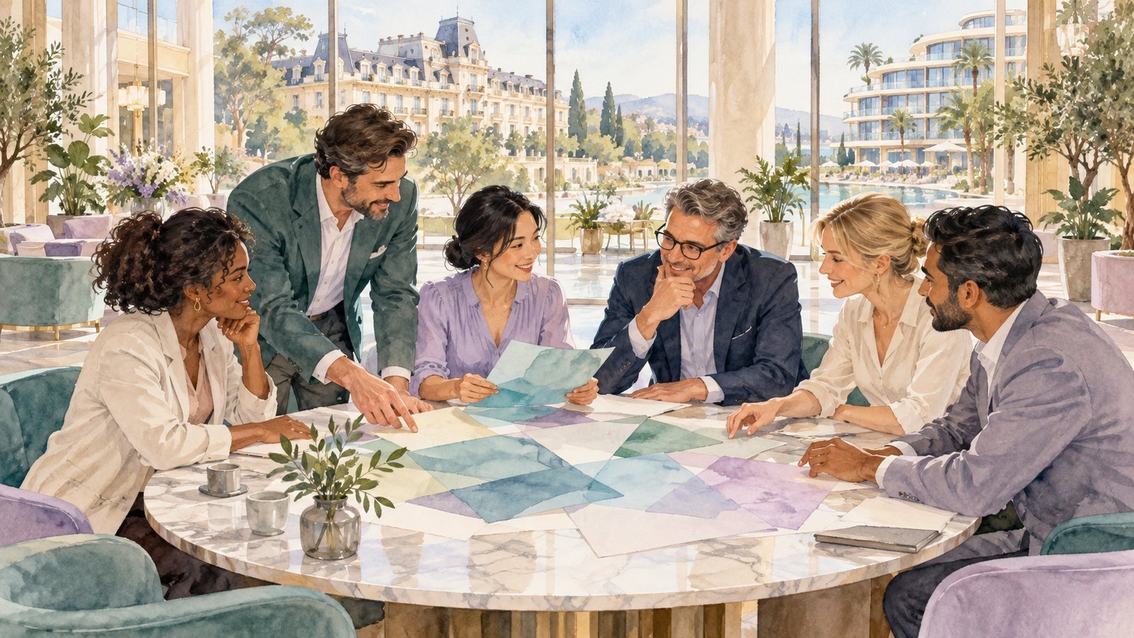 Two hotel teams meeting around a table to discuss shared ways of working after an acquisition.