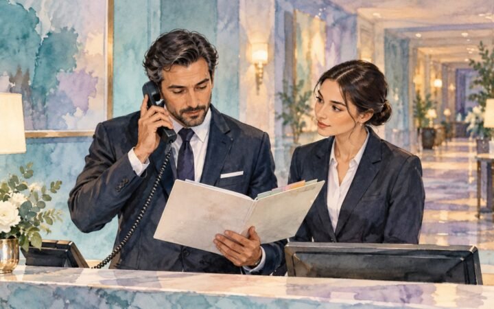 A hotel duty manager checking a decision folder while speaking with an on-call colleague.