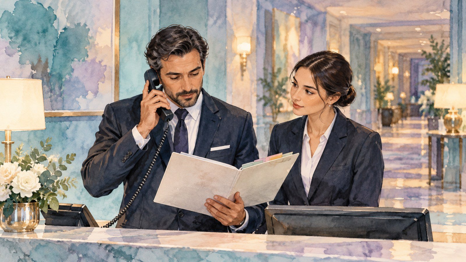 A hotel duty manager checking a decision folder while speaking with an on-call colleague.