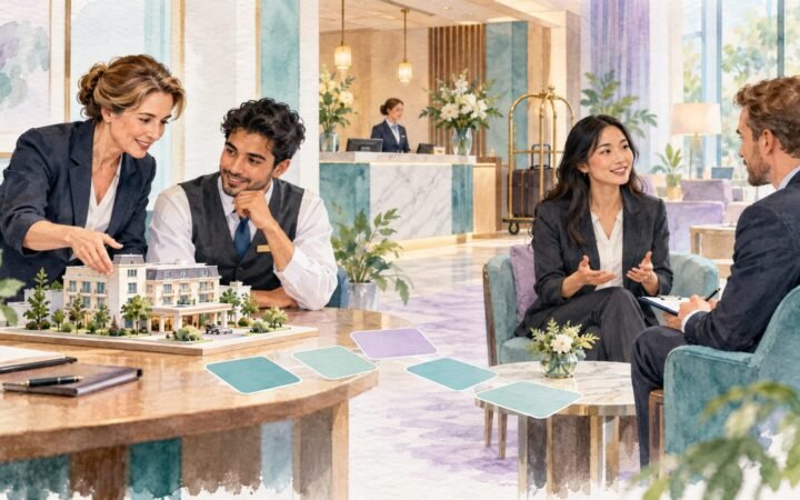 Hotel managers considering internal training and external recruitment beside a model hotel.