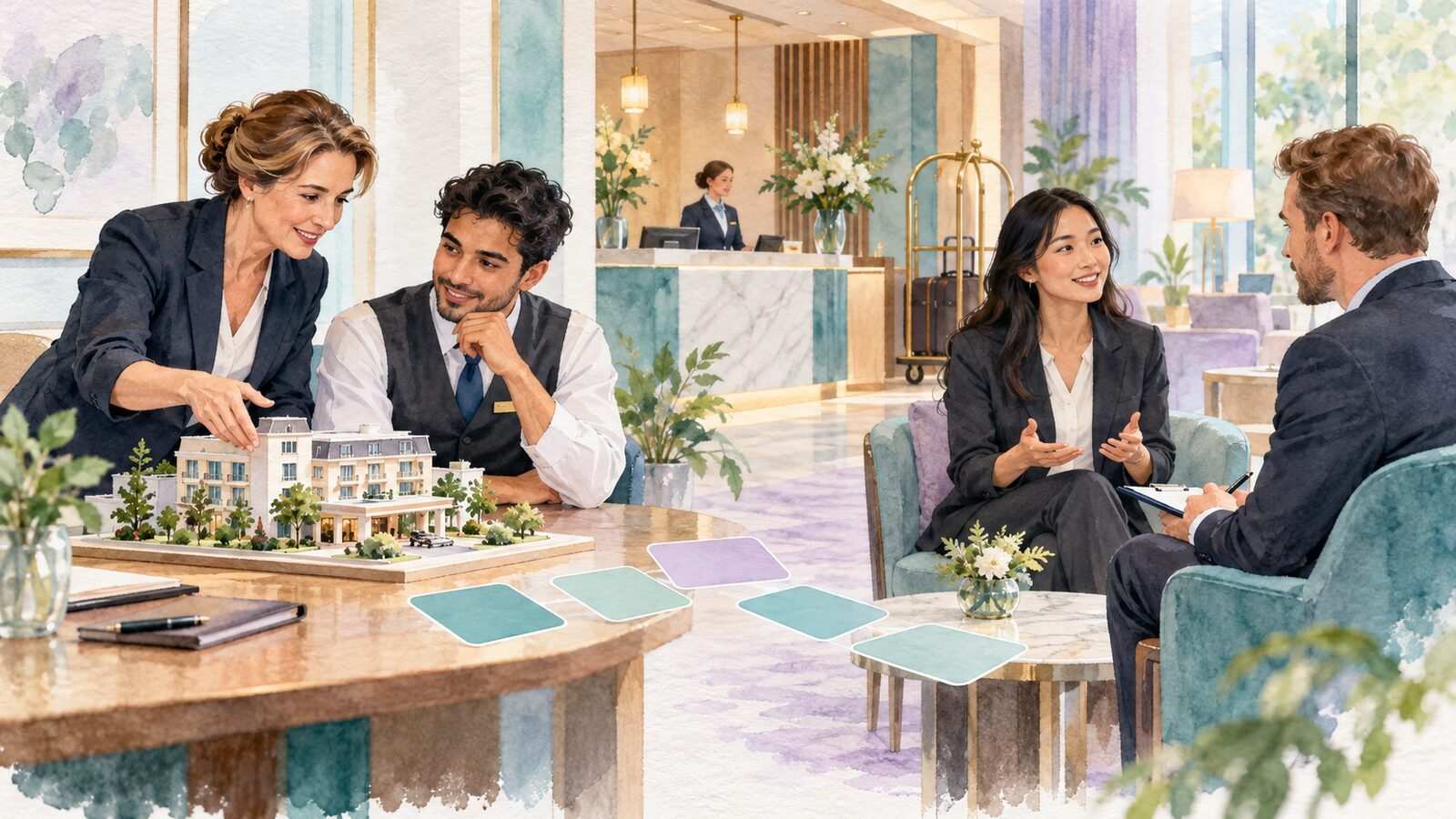 Hotel managers considering internal training and external recruitment beside a model hotel.
