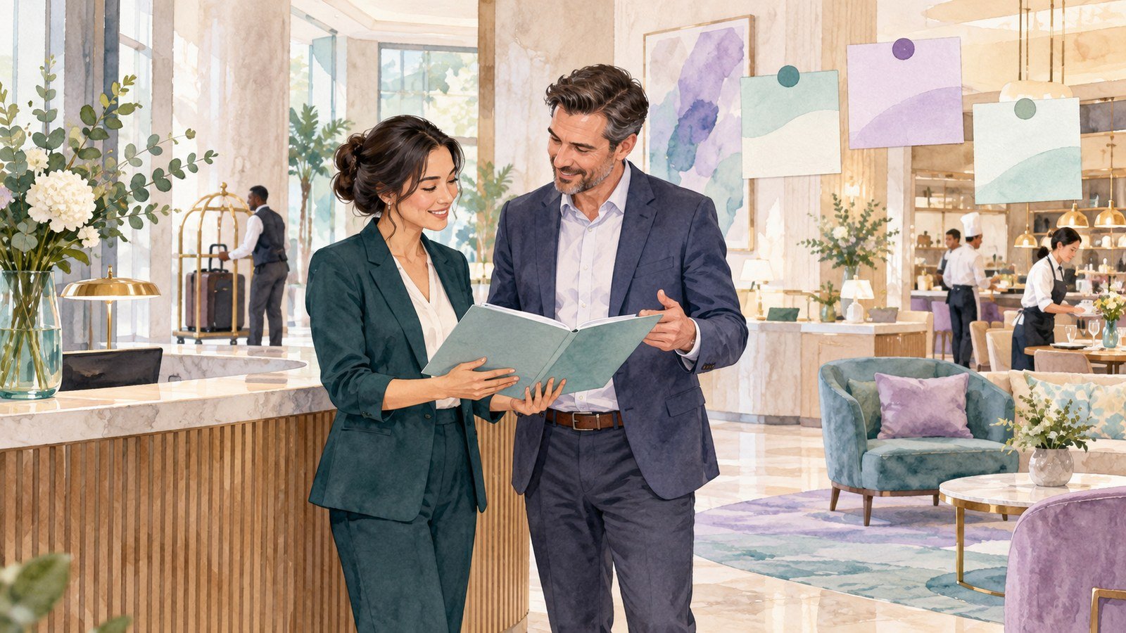 Two hotel managers reviewing a handover folder beside the reception desk.