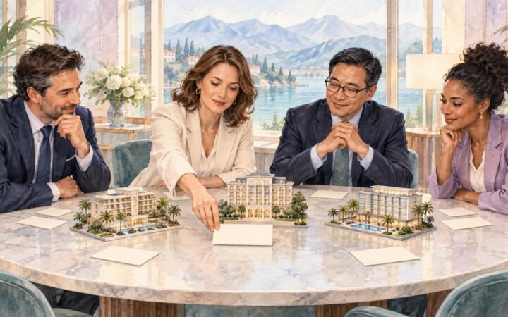 Hotel group leaders assigning responsibilities around a table with miniature hotel buildings.