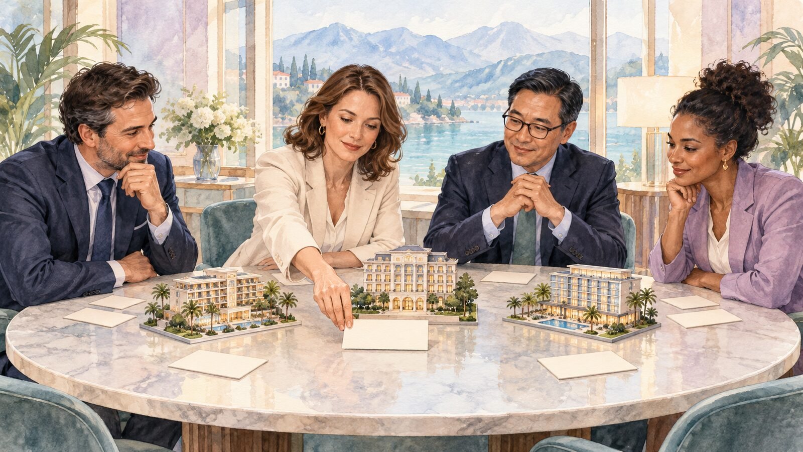 Hotel group leaders assigning responsibilities around a table with miniature hotel buildings.