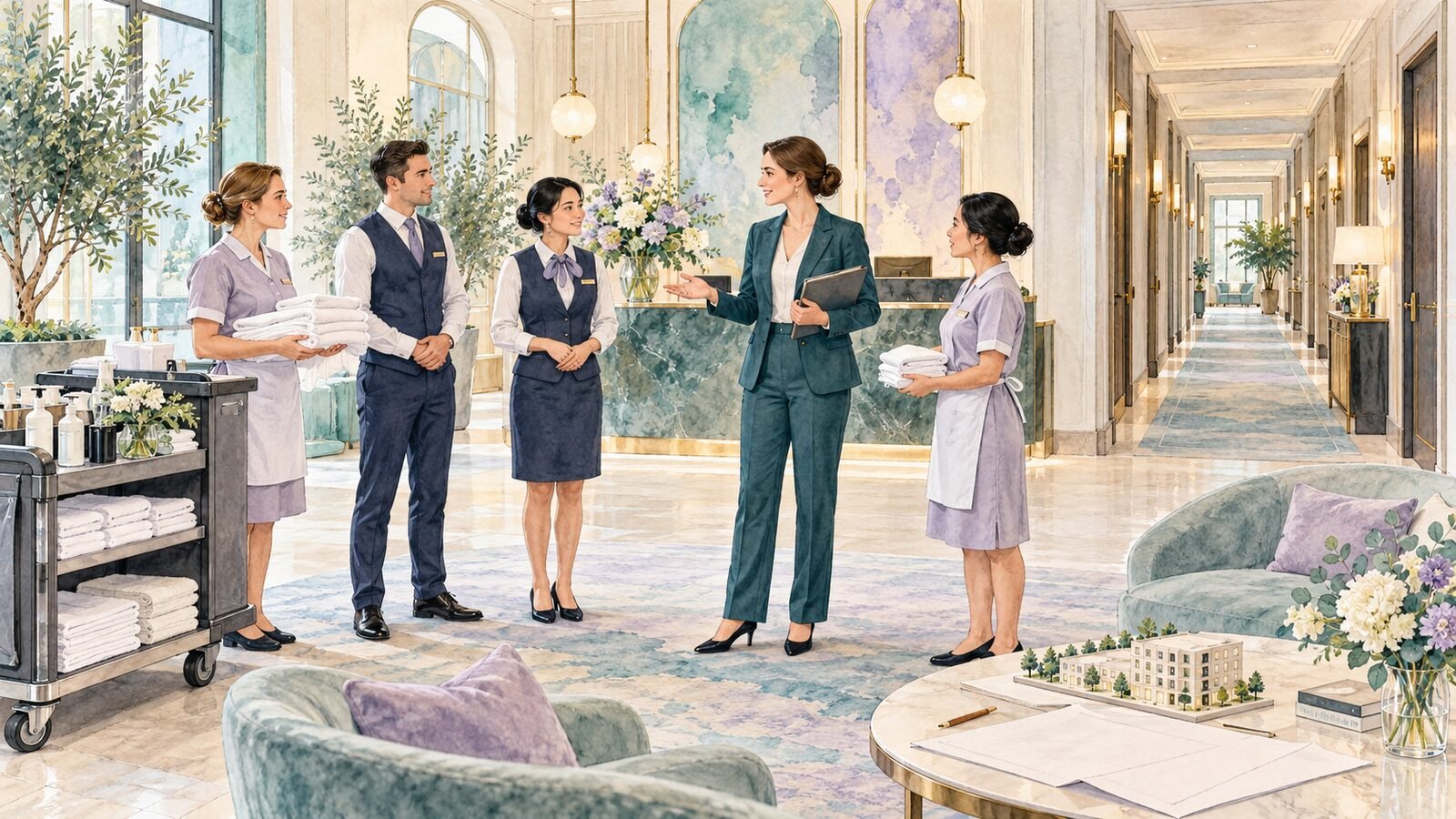 Hotel opening team rehearsing reception and housekeeping work in a newly prepared lobby.