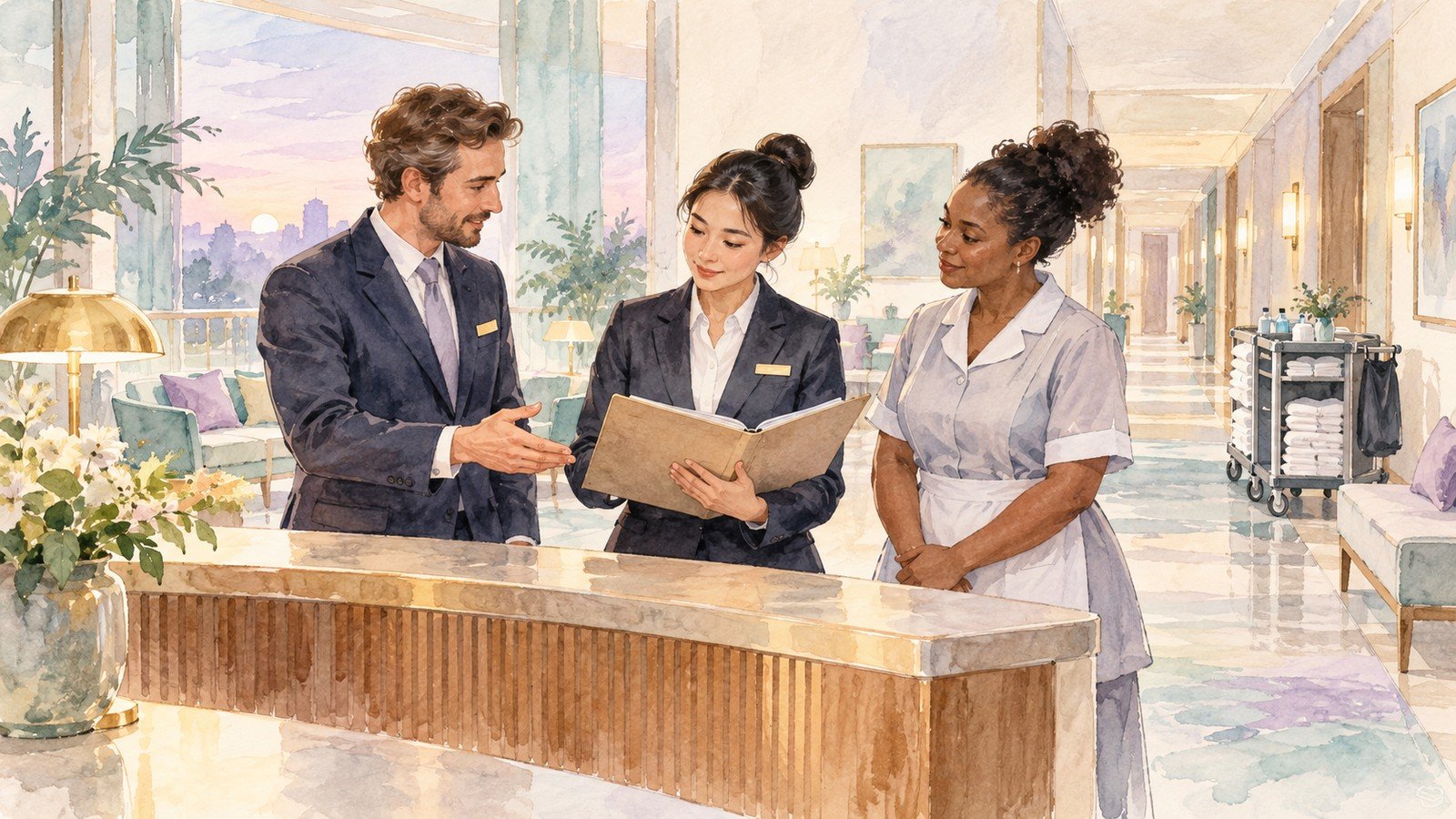 Hotel reception and housekeeping colleagues sharing a shift-handover folder.