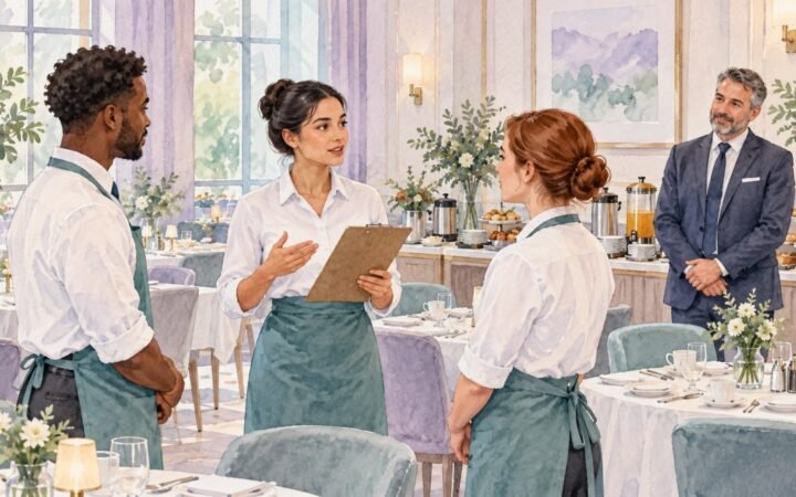 A prospective hotel supervisor briefing colleagues while a manager observes.