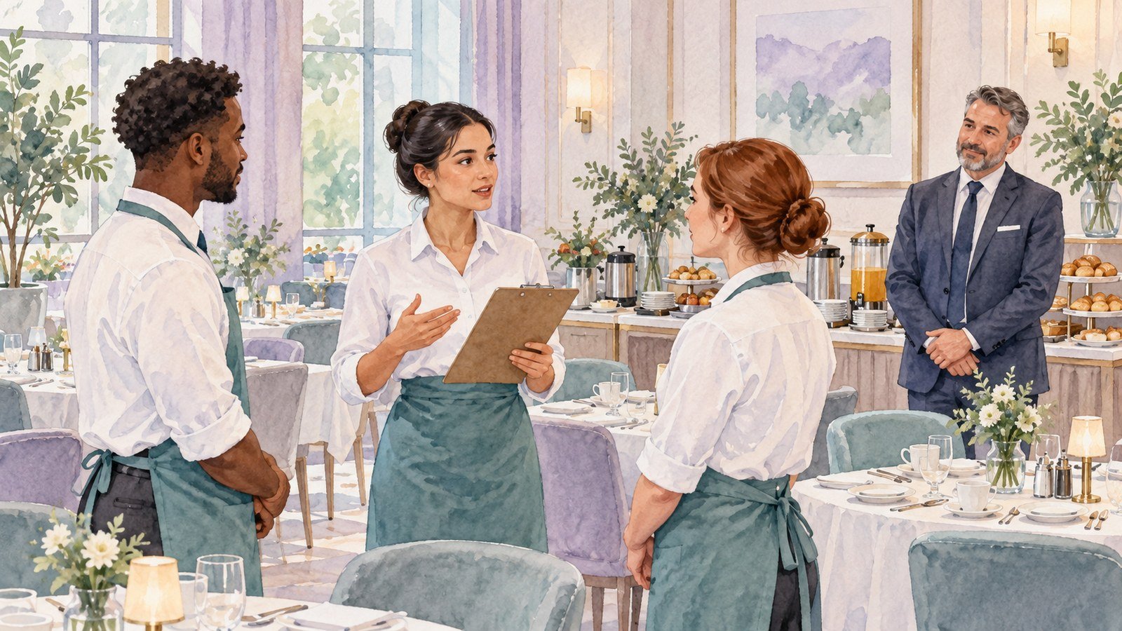 A prospective hotel supervisor briefing colleagues while a manager observes.