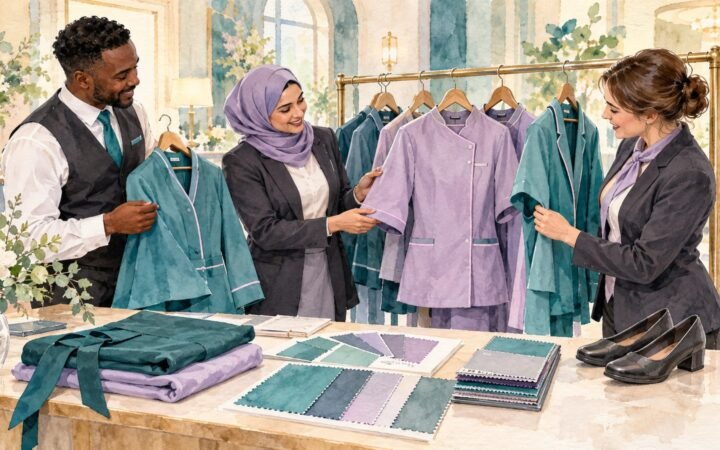 Hotel colleagues reviewing uniform sizes, fabrics and practical footwear together.