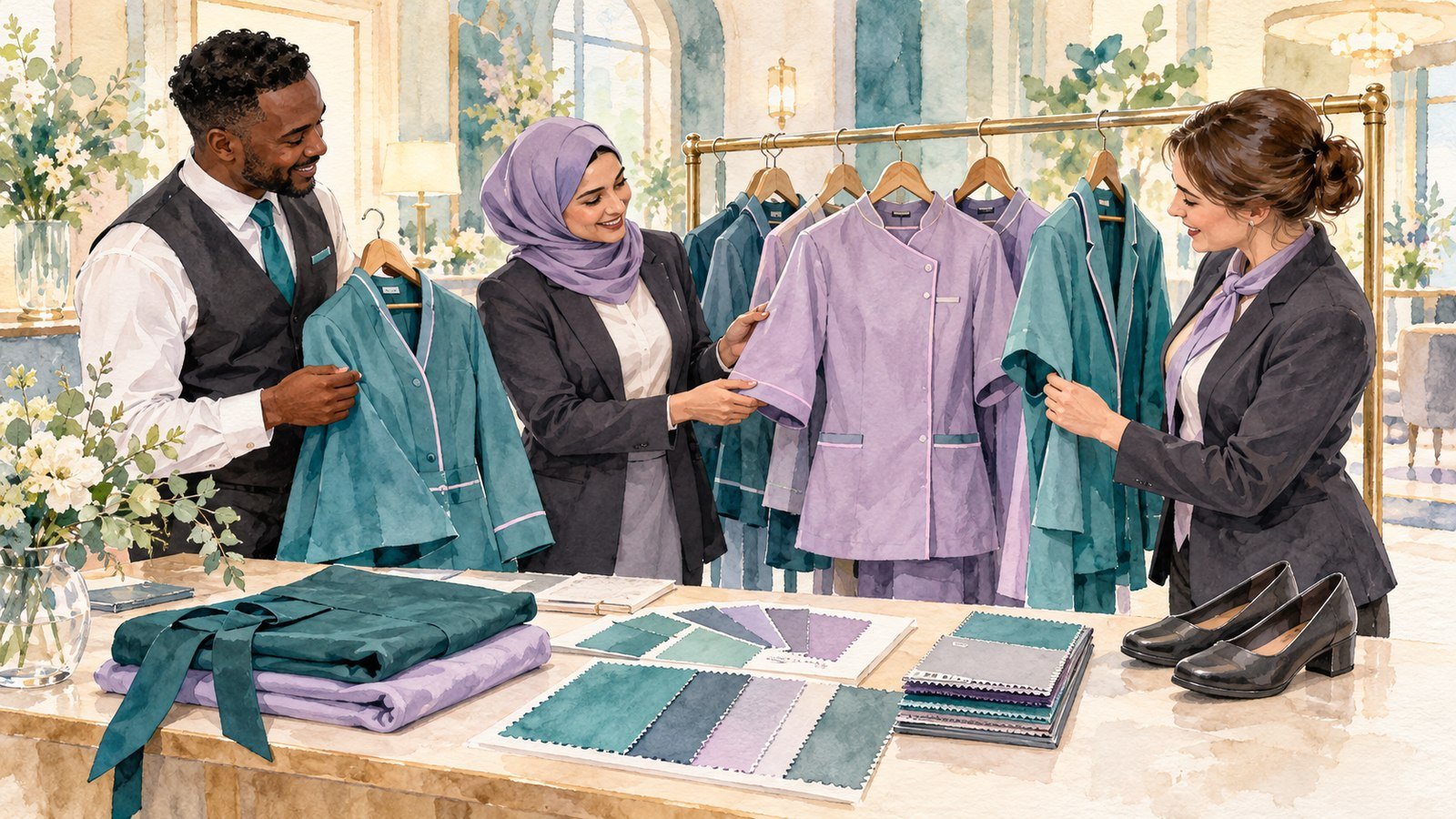 Hotel colleagues reviewing uniform sizes, fabrics and practical footwear together.