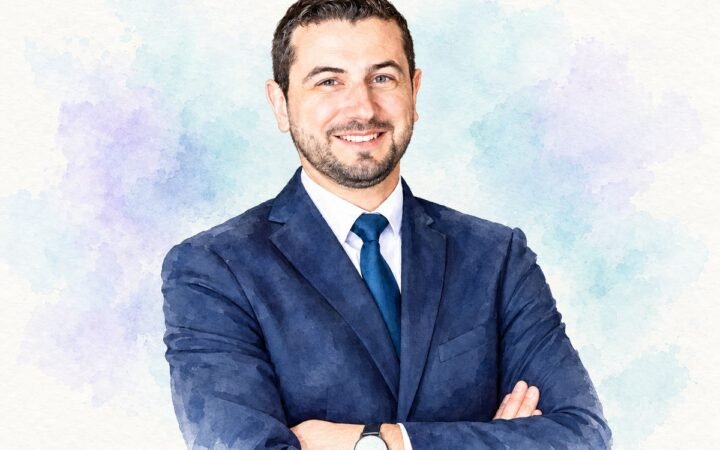 AI-generated watercolour portrait of Jean-Charles Haenggi, general manager of Château de Sacy.