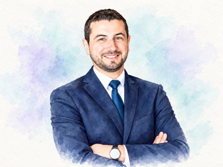 AI-generated watercolour portrait of Jean-Charles Haenggi, general manager of Château de Sacy.