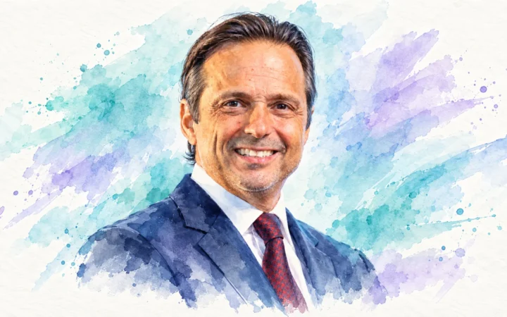 Watercolour portrait of John Pagano, Group Chief Executive Officer of Red Sea Global, against light teal and purple brush strokes