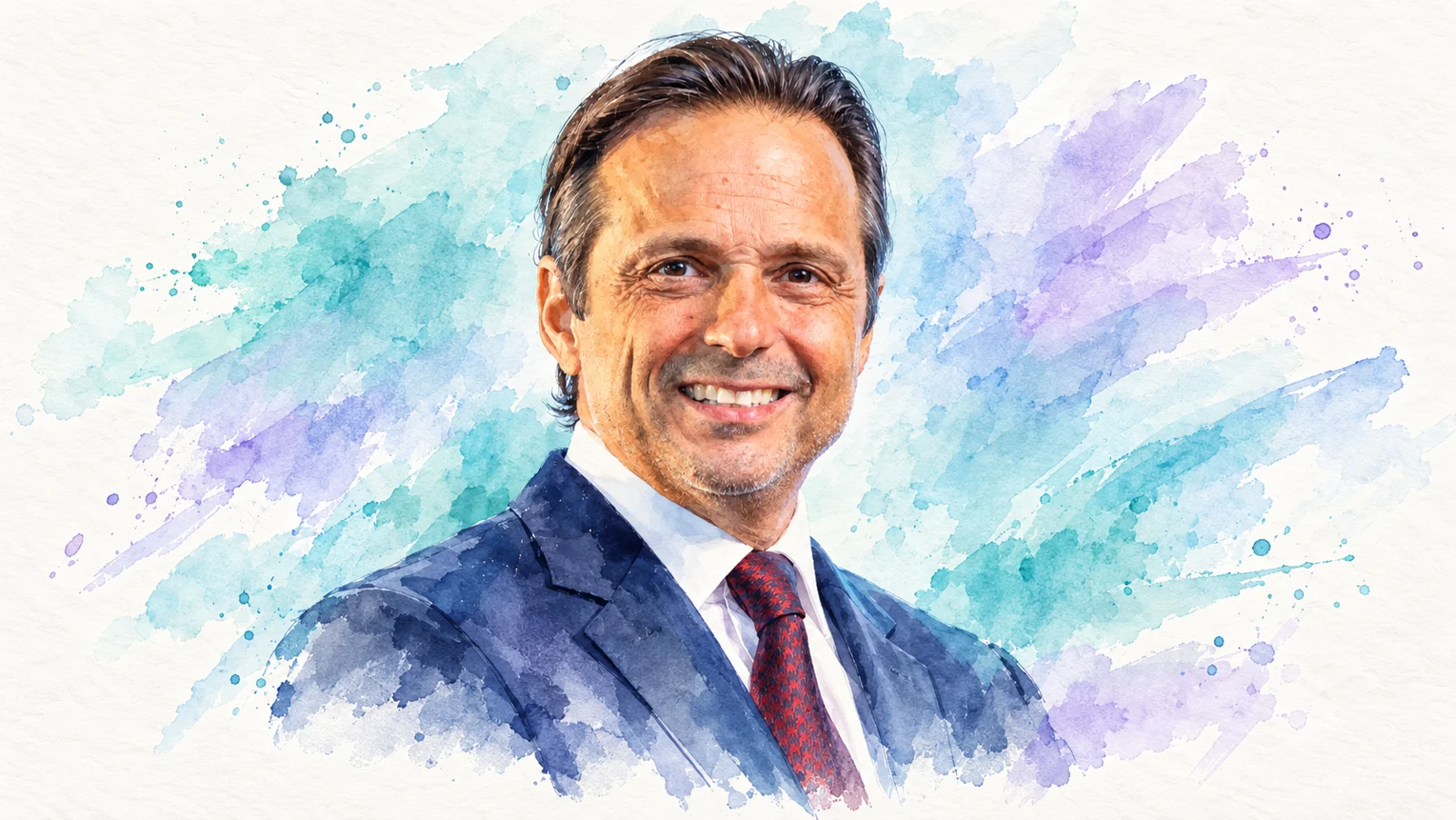 Watercolour portrait of John Pagano, Group Chief Executive Officer of Red Sea Global, against light teal and purple brush strokes