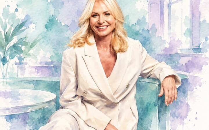 Laura Mills, managing director of The Wolseley Hospitality Group, in a watercolour portrait