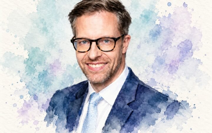Marc Sittl in a teal and lavender watercolour portrait
