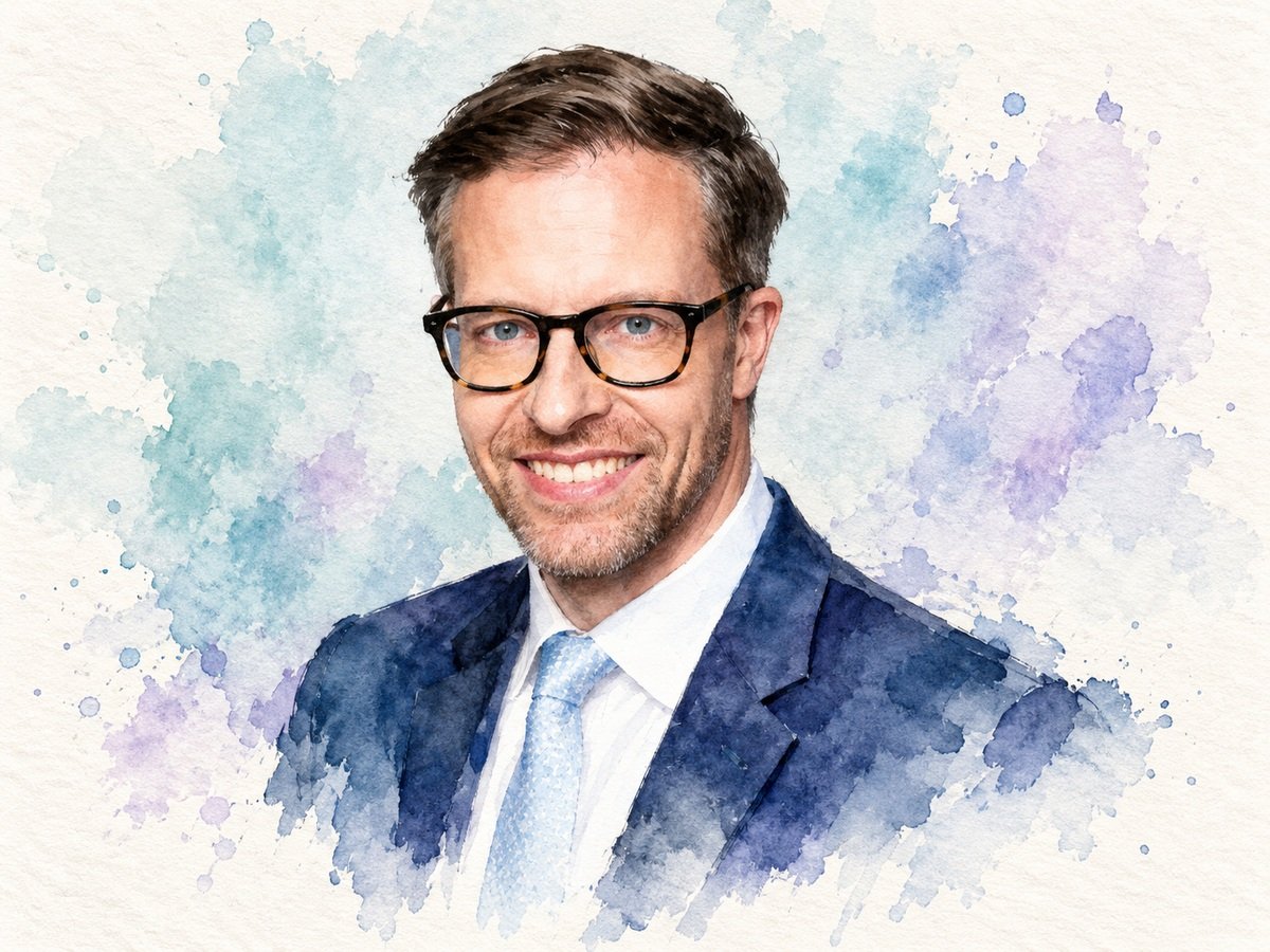 Marc Sittl in a teal and lavender watercolour portrait