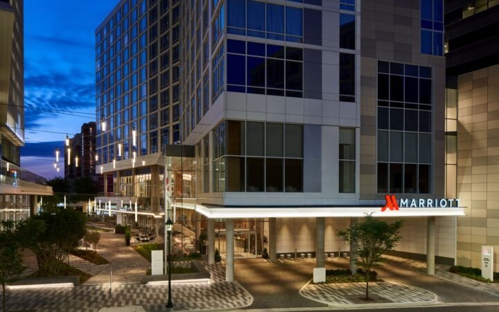 Exterior of Marriott Bethesda Downtown at Marriott HQ at dusk.