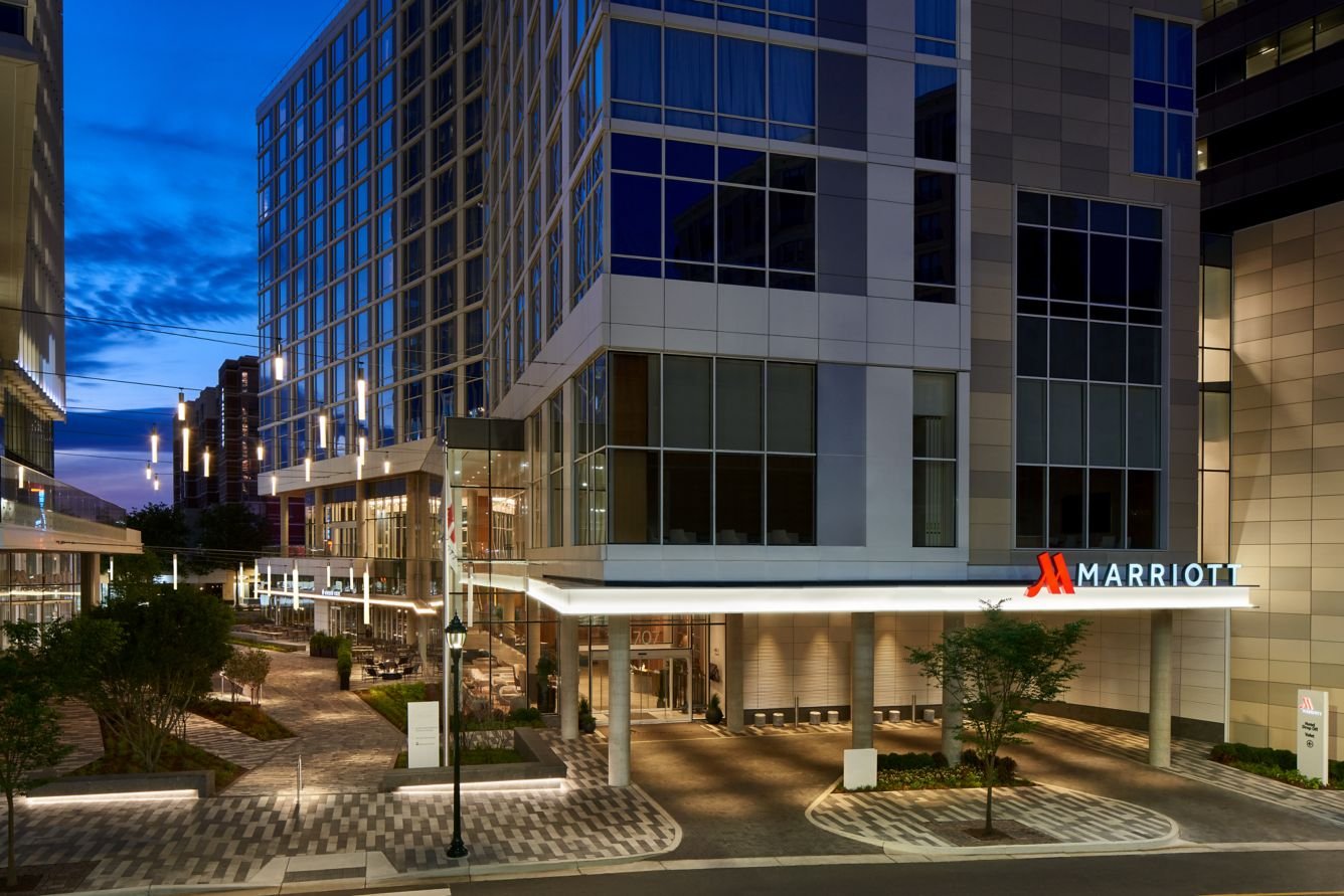 Exterior of Marriott Bethesda Downtown at Marriott HQ at dusk.
